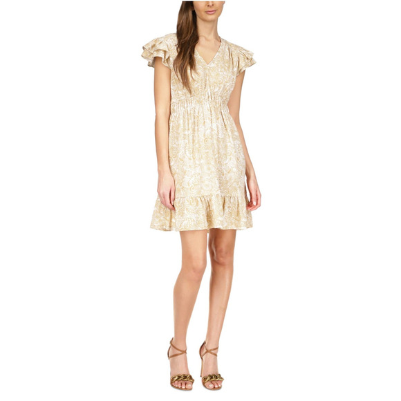 Michael Kors Women Beige Paisley Party Flutter-Sleeve Ruffle Mini Dress Size M - Picture 1 of 3